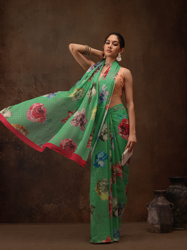 Green Chiffon Digital Print Floral Saree with Unstitched Blouse - Hiral Fashion - Distacart