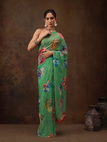 Thumbnail for Green Chiffon Digital Print Floral Saree with Unstitched Blouse - Hiral Fashion - Distacart