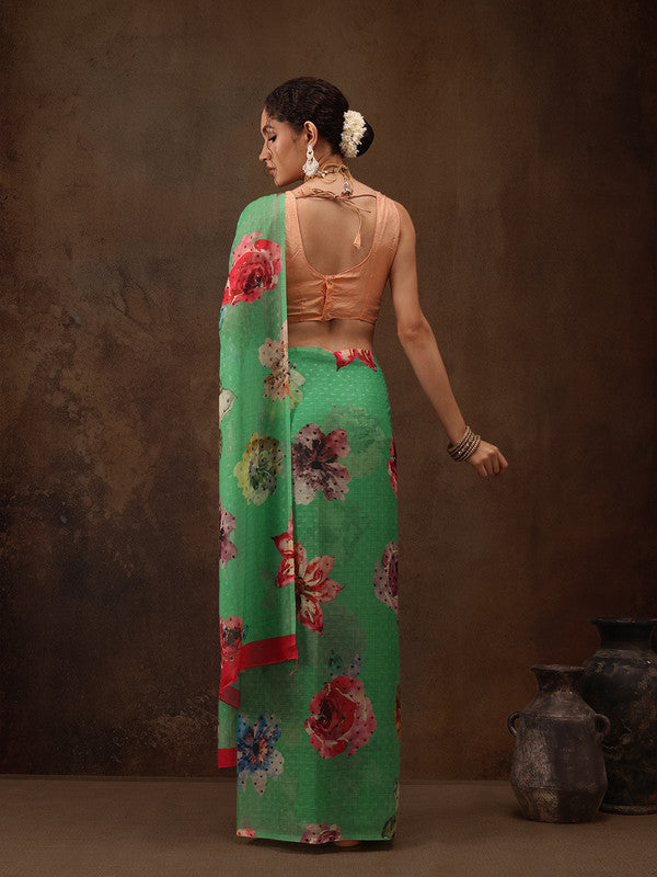 Green Chiffon Digital Print Floral Saree with Unstitched Blouse - Hiral Fashion - Distacart