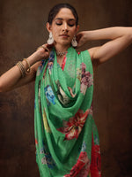 Thumbnail for Green Chiffon Digital Print Floral Saree with Unstitched Blouse - Hiral Fashion - Distacart