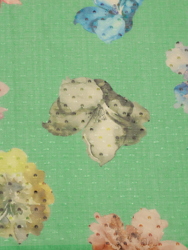 Green Chiffon Digital Print Floral Saree with Unstitched Blouse - Hiral Fashion - Distacart