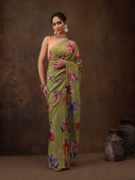 Thumbnail for Olive Chiffon Digital Print Floral Saree with Unstitched Blouse - Hiral Fashion - Distacart