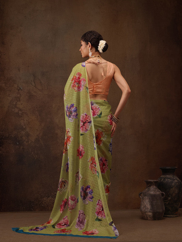 Olive Chiffon Digital Print Floral Saree with Unstitched Blouse - Hiral Fashion - Distacart