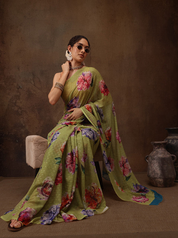 Olive Chiffon Digital Print Floral Saree with Unstitched Blouse - Hiral Fashion - Distacart
