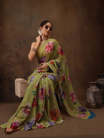 Thumbnail for Olive Chiffon Digital Print Floral Saree with Unstitched Blouse - Hiral Fashion - Distacart