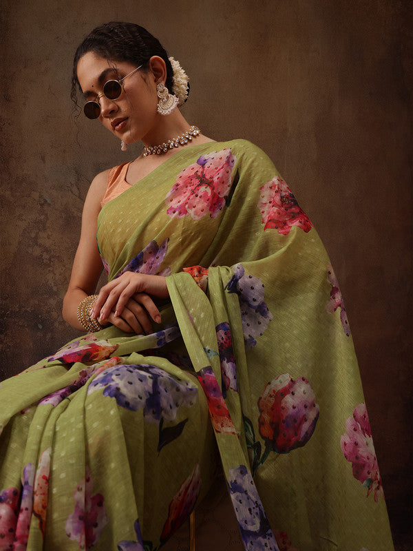 Olive Chiffon Digital Print Floral Saree with Unstitched Blouse - Hiral Fashion - Distacart