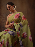 Thumbnail for Olive Chiffon Digital Print Floral Saree with Unstitched Blouse - Hiral Fashion - Distacart