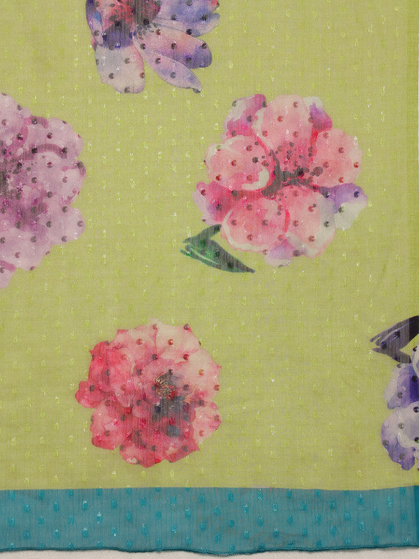 Olive Chiffon Digital Print Floral Saree with Unstitched Blouse - Hiral Fashion - Distacart