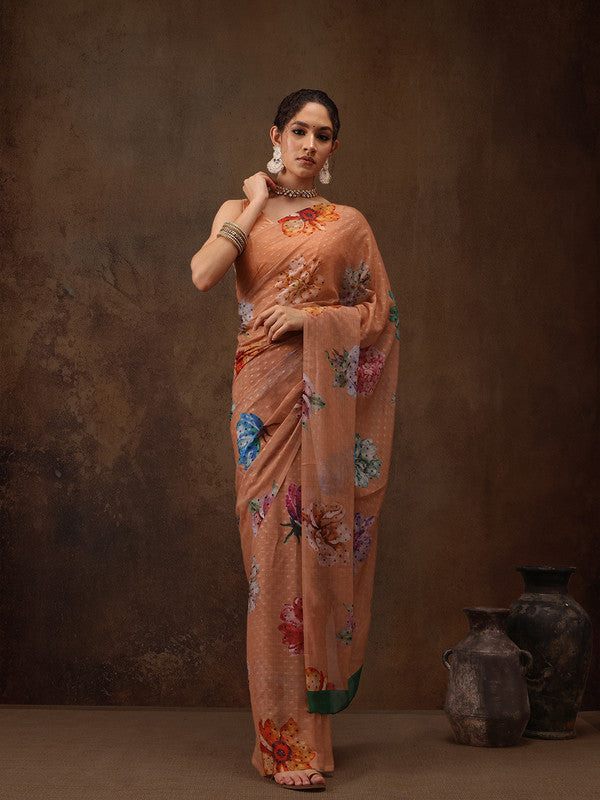 Peach Chiffon Digital Print Floral Saree with Unstitched Blouse - Hiral Fashion - Distacart