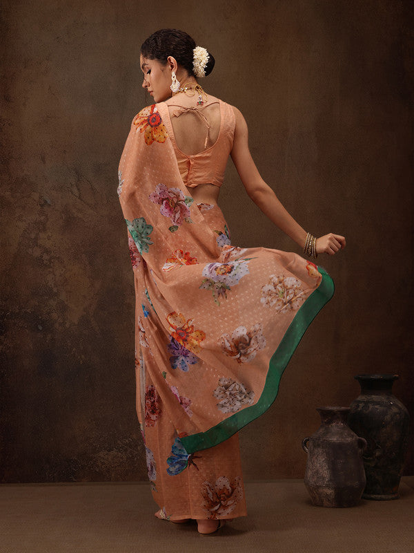 Peach Chiffon Digital Print Floral Saree with Unstitched Blouse - Hiral Fashion - Distacart