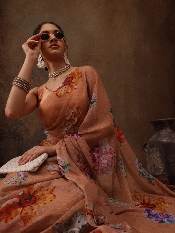 Peach Chiffon Digital Print Floral Saree with Unstitched Blouse - Hiral Fashion - Distacart
