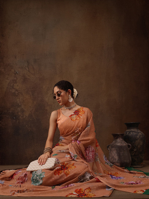 Peach Chiffon Digital Print Floral Saree with Unstitched Blouse - Hiral Fashion - Distacart