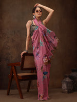 Thumbnail for Pink Chiffon Digital Print Floral Saree with Unstitched Blouse - Hiral Fashion - Distacart