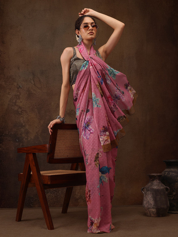 Pink Chiffon Digital Print Floral Saree with Unstitched Blouse - Hiral Fashion - Distacart