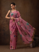 Thumbnail for Pink Chiffon Digital Print Floral Saree with Unstitched Blouse - Hiral Fashion - Distacart