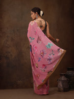 Thumbnail for Pink Chiffon Digital Print Floral Saree with Unstitched Blouse - Hiral Fashion - Distacart