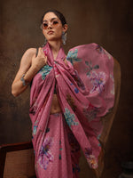 Thumbnail for Pink Chiffon Digital Print Floral Saree with Unstitched Blouse - Hiral Fashion - Distacart