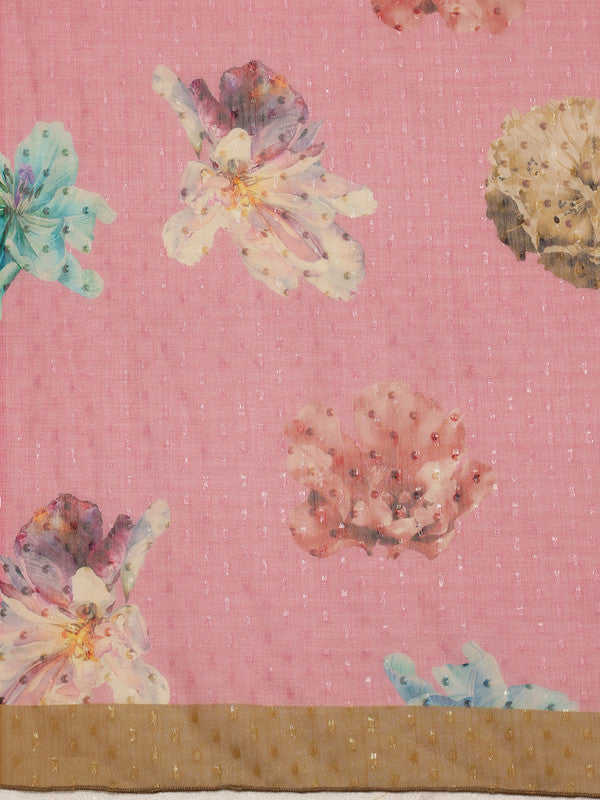 Pink Chiffon Digital Print Floral Saree with Unstitched Blouse - Hiral Fashion - Distacart