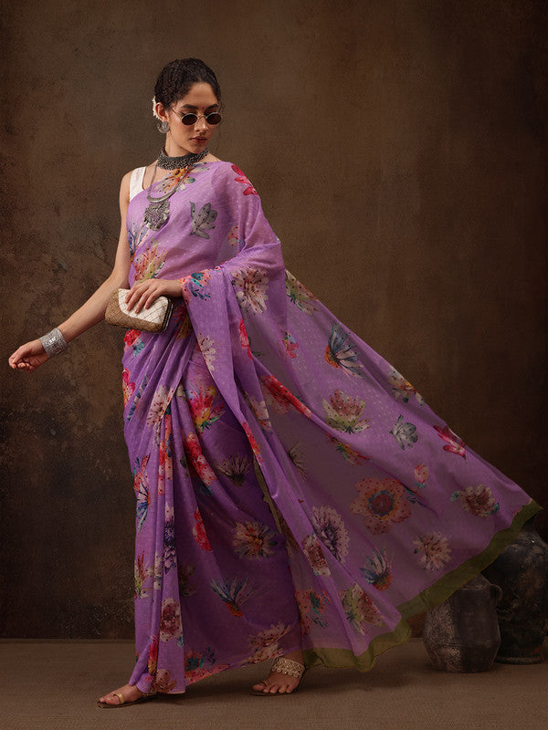 Purple Chiffon Digital Print Floral Saree with Unstitched Blouse - Hiral Fashion - Distacart