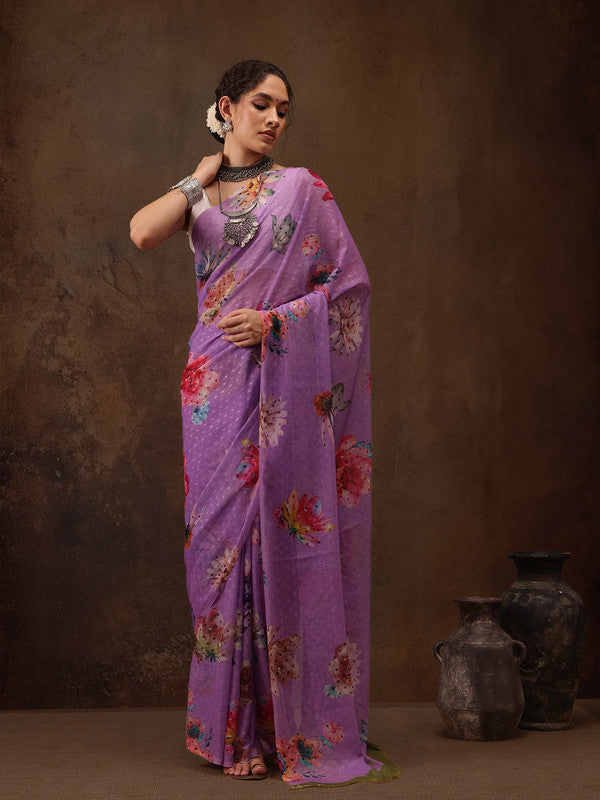 Purple Chiffon Digital Print Floral Saree with Unstitched Blouse - Hiral Fashion - Distacart