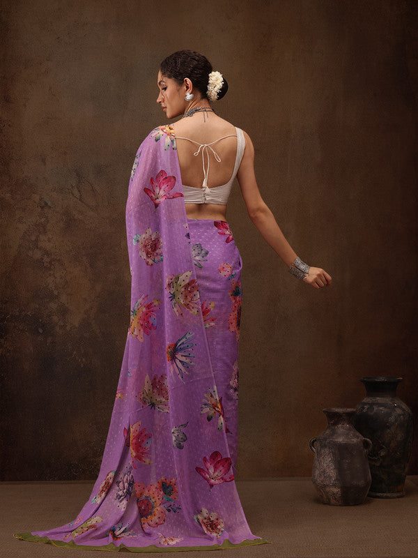 Purple Chiffon Digital Print Floral Saree with Unstitched Blouse - Hiral Fashion - Distacart