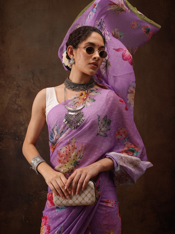 Purple Chiffon Digital Print Floral Saree with Unstitched Blouse - Hiral Fashion - Distacart