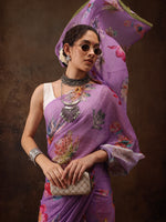 Thumbnail for Purple Chiffon Digital Print Floral Saree with Unstitched Blouse - Hiral Fashion - Distacart