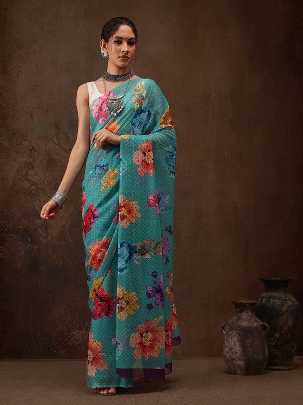 Turquoise Chiffon Digital Print Floral Saree with Unstitched Blouse - Hiral Fashion - Distacart