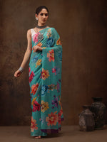 Thumbnail for Turquoise Chiffon Digital Print Floral Saree with Unstitched Blouse - Hiral Fashion - Distacart