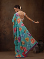 Thumbnail for Turquoise Chiffon Digital Print Floral Saree with Unstitched Blouse - Hiral Fashion - Distacart