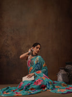 Thumbnail for Turquoise Chiffon Digital Print Floral Saree with Unstitched Blouse - Hiral Fashion - Distacart