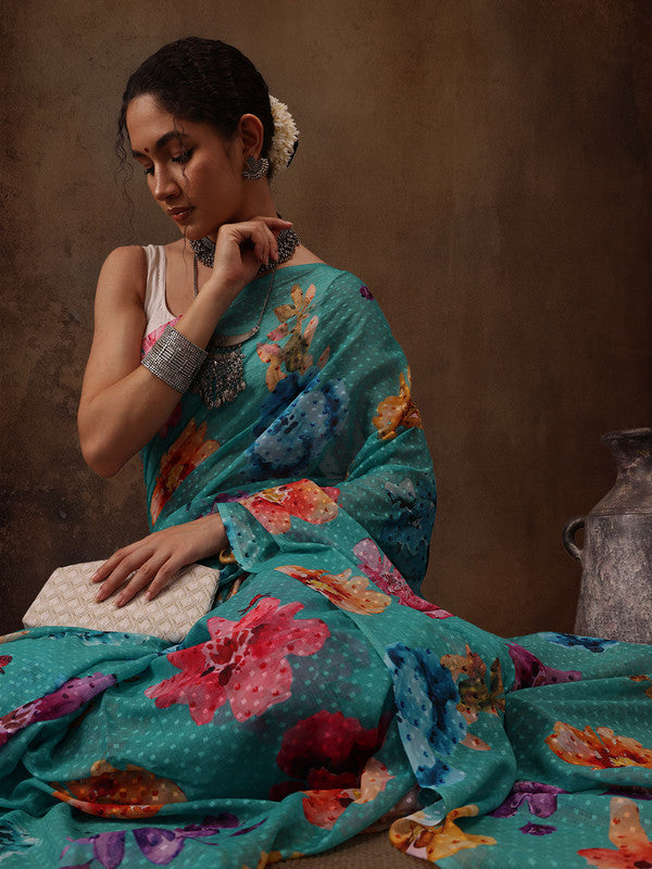 Turquoise Chiffon Digital Print Floral Saree with Unstitched Blouse - Hiral Fashion - Distacart