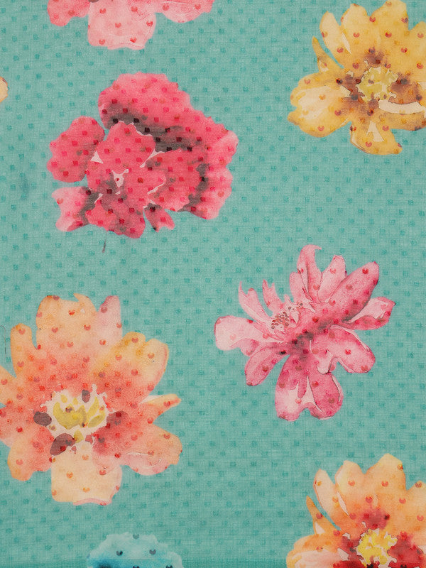 Turquoise Chiffon Digital Print Floral Saree with Unstitched Blouse - Hiral Fashion - Distacart