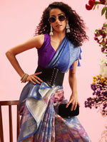 Thumbnail for Blue Cotton Digital Print Floral Saree with Unstitched Blouse - Hiral Fashion - Distacart