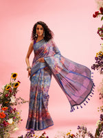 Thumbnail for Blue Cotton Digital Print Floral Saree with Unstitched Blouse - Hiral Fashion - Distacart