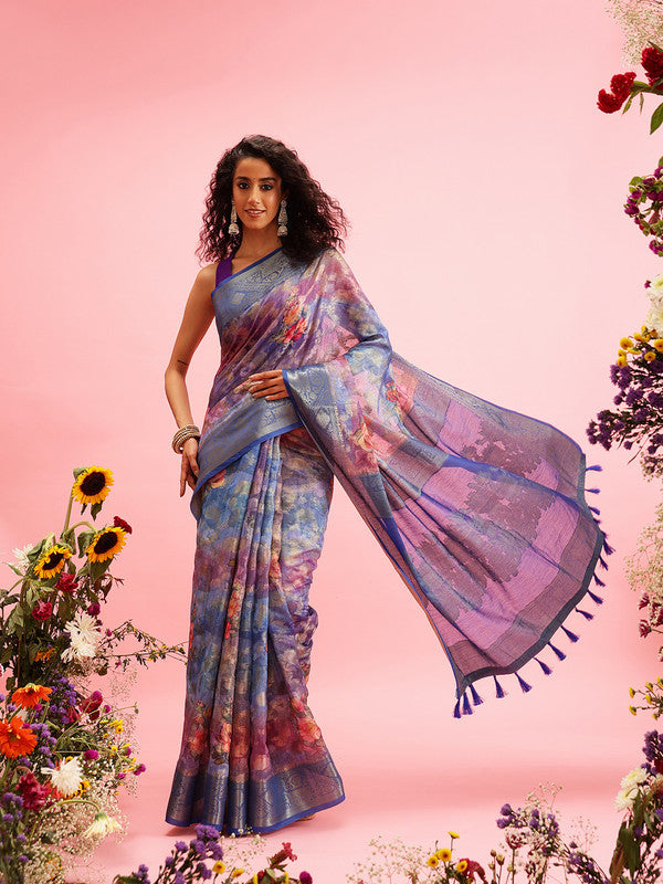 Blue Cotton Digital Print Floral Saree with Unstitched Blouse - Hiral Fashion - Distacart