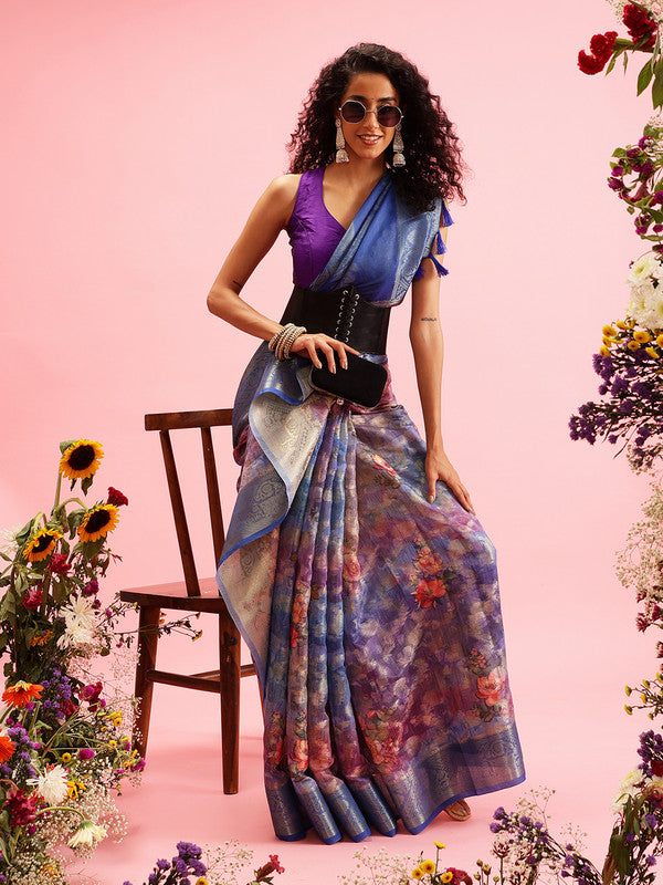 Blue Cotton Digital Print Floral Saree with Unstitched Blouse - Hiral Fashion - Distacart
