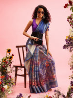 Thumbnail for Blue Cotton Digital Print Floral Saree with Unstitched Blouse - Hiral Fashion - Distacart