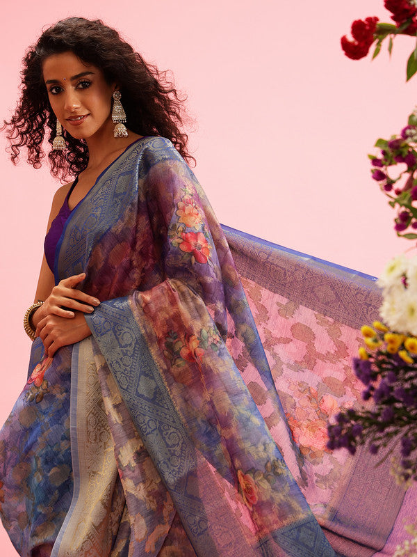 Blue Cotton Digital Print Floral Saree with Unstitched Blouse - Hiral Fashion - Distacart