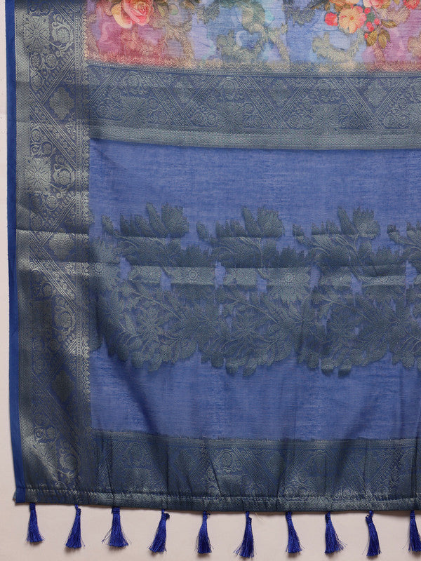 Blue Cotton Digital Print Floral Saree with Unstitched Blouse - Hiral Fashion - Distacart