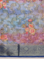 Thumbnail for Blue Cotton Digital Print Floral Saree with Unstitched Blouse - Hiral Fashion - Distacart
