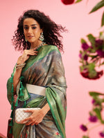 Thumbnail for Green Cotton Digital Print Floral Saree with Unstitched Blouse - Hiral Fashion - Distacart