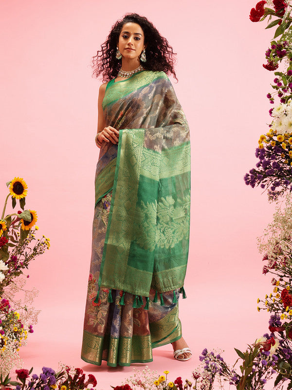 Green Cotton Digital Print Floral Saree with Unstitched Blouse - Hiral Fashion - Distacart