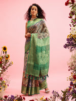 Thumbnail for Green Cotton Digital Print Floral Saree with Unstitched Blouse - Hiral Fashion - Distacart
