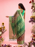 Thumbnail for Green Cotton Digital Print Floral Saree with Unstitched Blouse - Hiral Fashion - Distacart