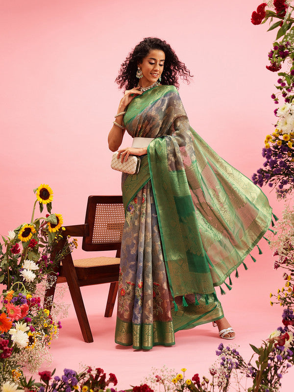 Green Cotton Digital Print Floral Saree with Unstitched Blouse - Hiral Fashion - Distacart
