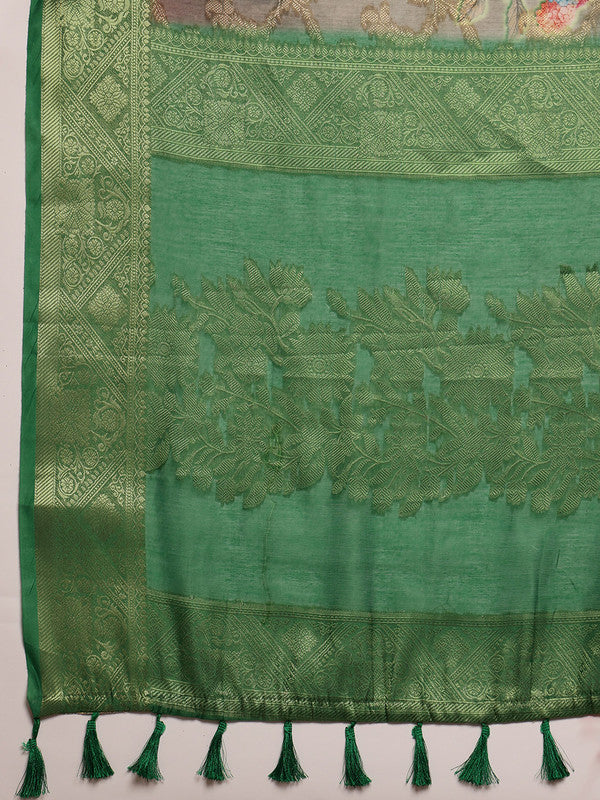 Green Cotton Digital Print Floral Saree with Unstitched Blouse - Hiral Fashion - Distacart