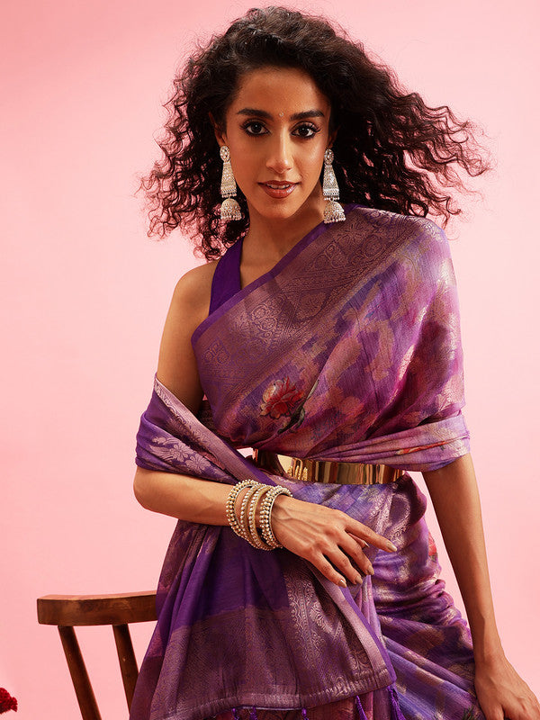 Lavender Cotton Digital Print Floral Saree with Unstitched Blouse - Hiral Fashion - Distacart