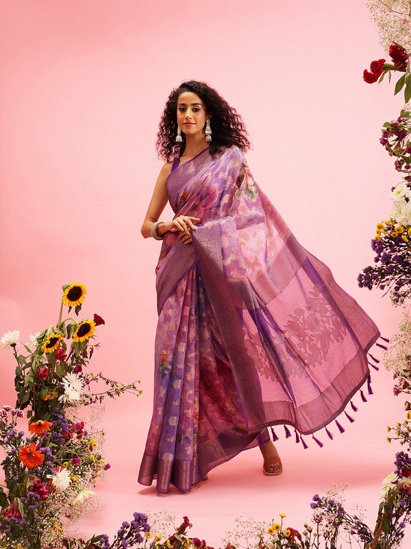 Lavender Cotton Digital Print Floral Saree with Unstitched Blouse - Hiral Fashion - Distacart