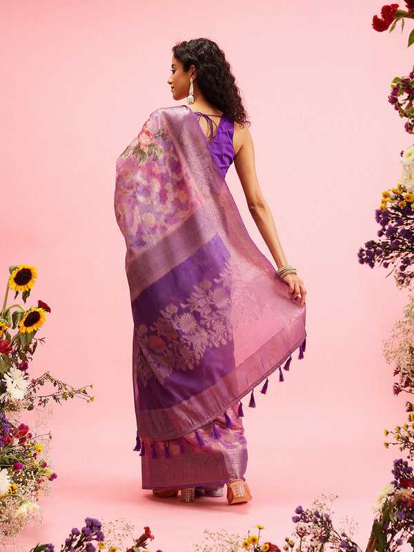 Lavender Cotton Digital Print Floral Saree with Unstitched Blouse - Hiral Fashion - Distacart